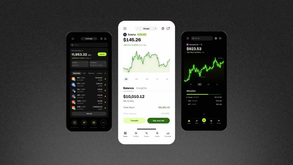 Интерфейс мобильного приложения OKX: портфель, график Solana и распределение активов